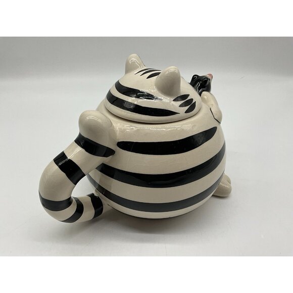 Pier 1 Imports Teapot Chubby Black & White Striped Cat Holding a Mouse as Spout - Picture 11 of 16